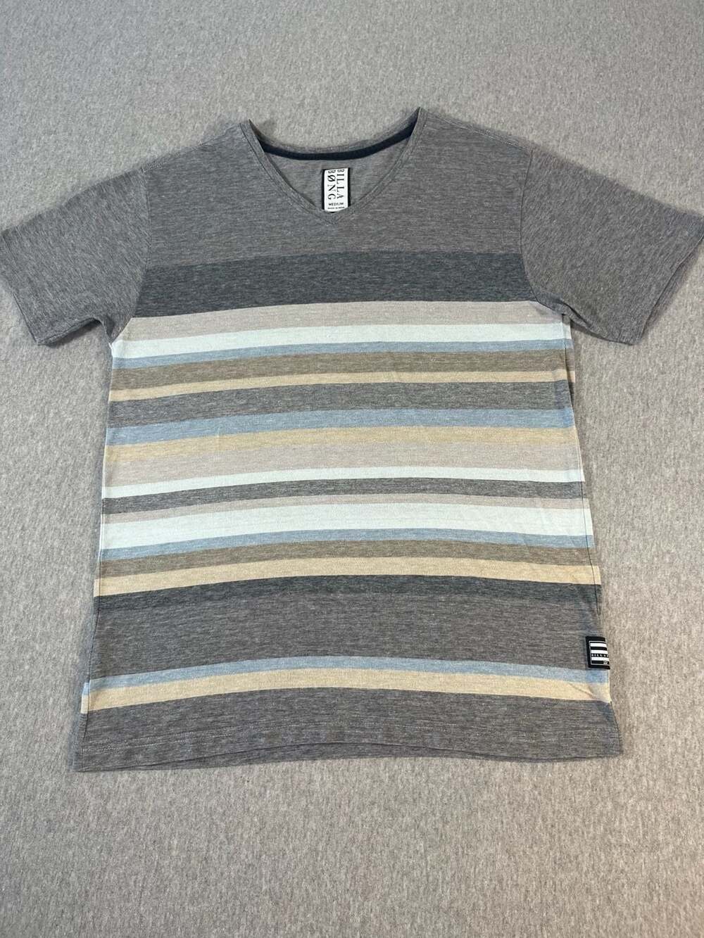 Billabong Gray Striped V Neck Short Sleeve Cotton T Shirt Size M